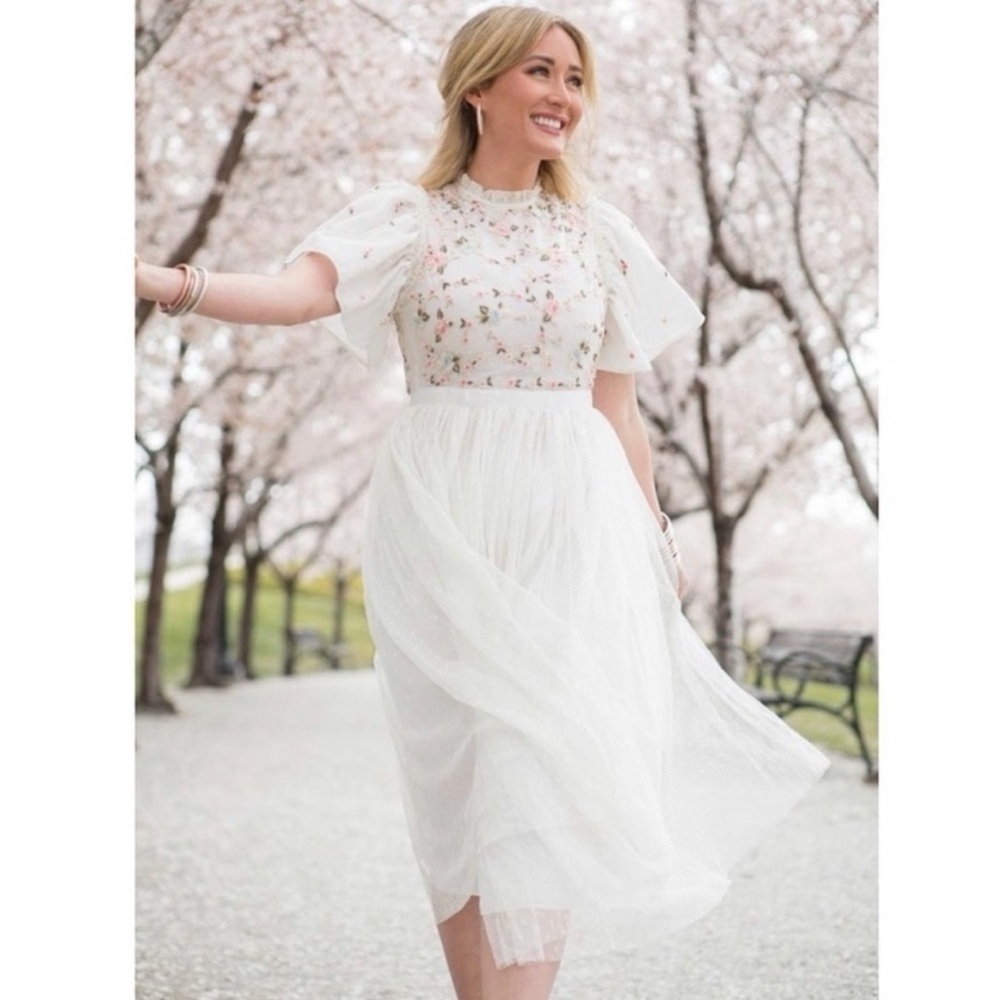 Ivy City Co White Floral Embroidered Lillian Tulle Midi Dress NWT Size Large - Picture 13 of 13